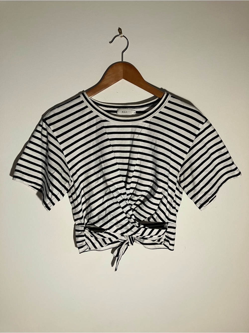 A.L.C Black and White Striped Cotton Short Sleeve Crop Top w/ Tie Back Size S